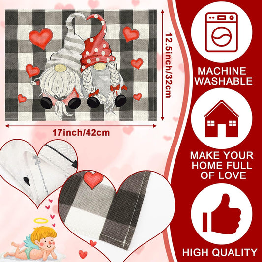 Valentine's Day Placemats (Set of 4) - Romantic Gnome & Heart Patterns for Holiday Dining, 17x12.5 Inches