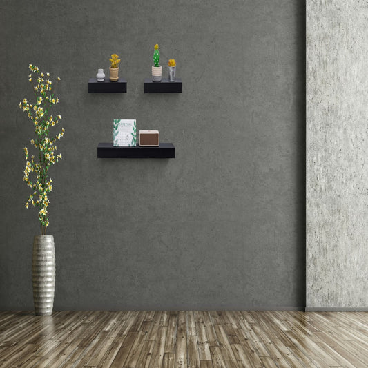 23.6" Modern Floating Wall Shelves - Sleek Black Wood Storage for Living Room, Office & Kitchen (Invisible Brackets Included)