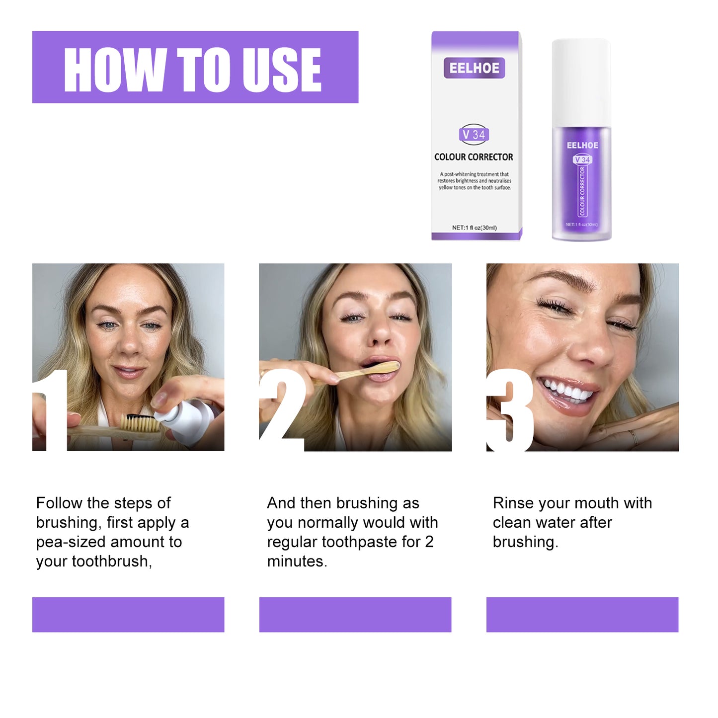 EELHOE V34 Teeth Whitening Toothpaste - Brightens Teeth, Removes Stains, Purple Toothpaste