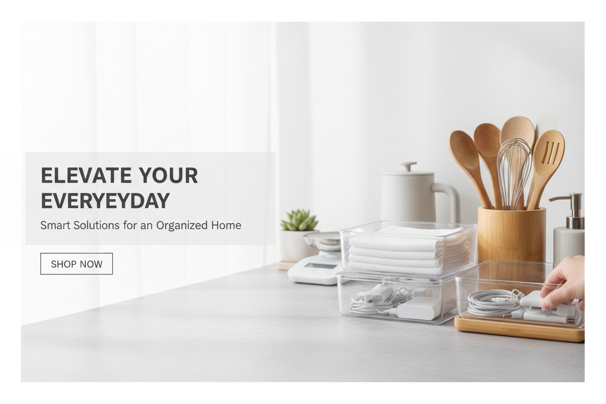 Create a clean ecommerce homepage hero banner showing multiple practical household products such as kitchen organizers, storage boxes, and daily-use gadgets.
Style: modern, minimal, professional.
No brand name, no logo.
Focus on product lifestyle usage, bright background, high quality product photography.
Add a small text area for a short